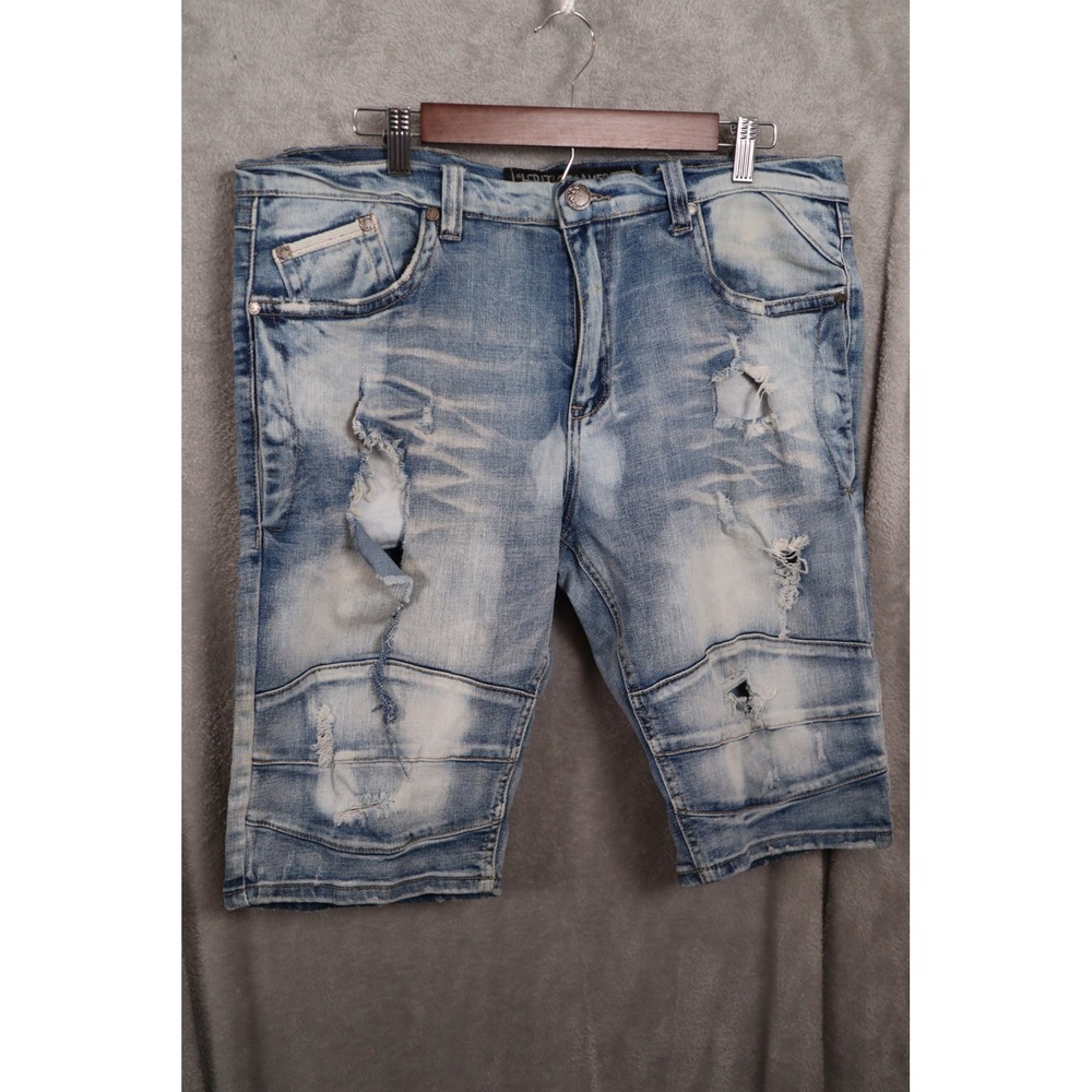 Heritage America Mens 38 Distressed Moto Denim Shorts Acid Wash Blue Streetwear